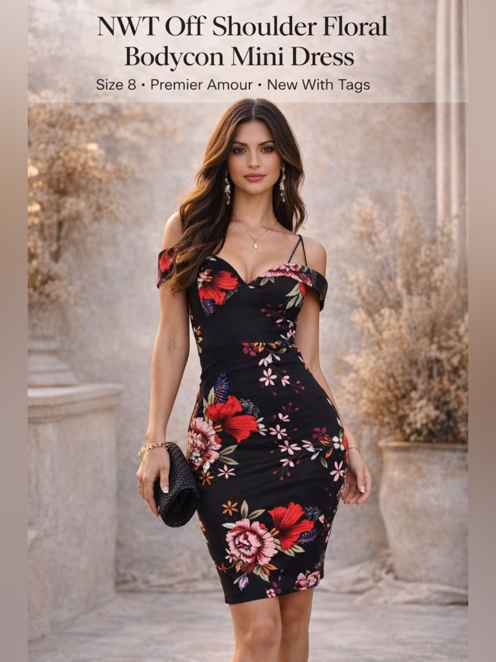 Premier Amour Black Floral Off Shoulder Bodycon Dress Size 8 NWT Summer Date